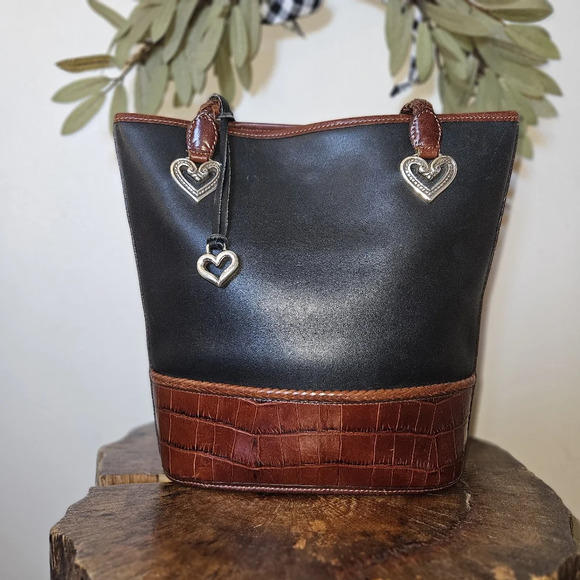 Brighton Handbags - Brighton Black Bown Leather Medium Vintage Bucket Shoulderbag Croc A122150 NWT